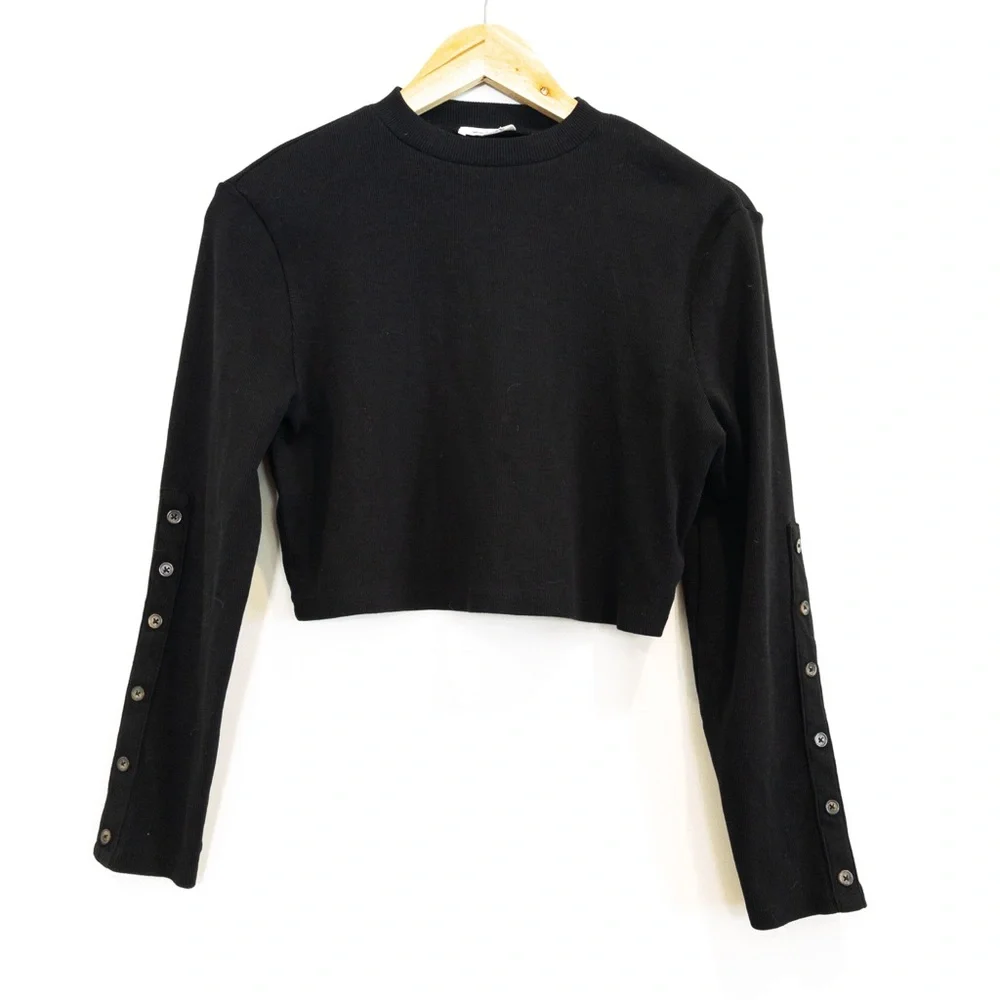 The Drop UK Milenalesecret Black Ribbed Crop Button Sleeve Top Large